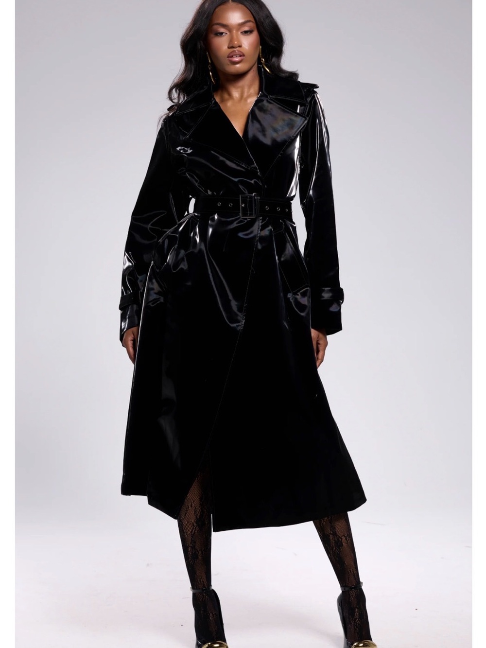 Akira Onyx Liquid Velvet Black Trench Coat